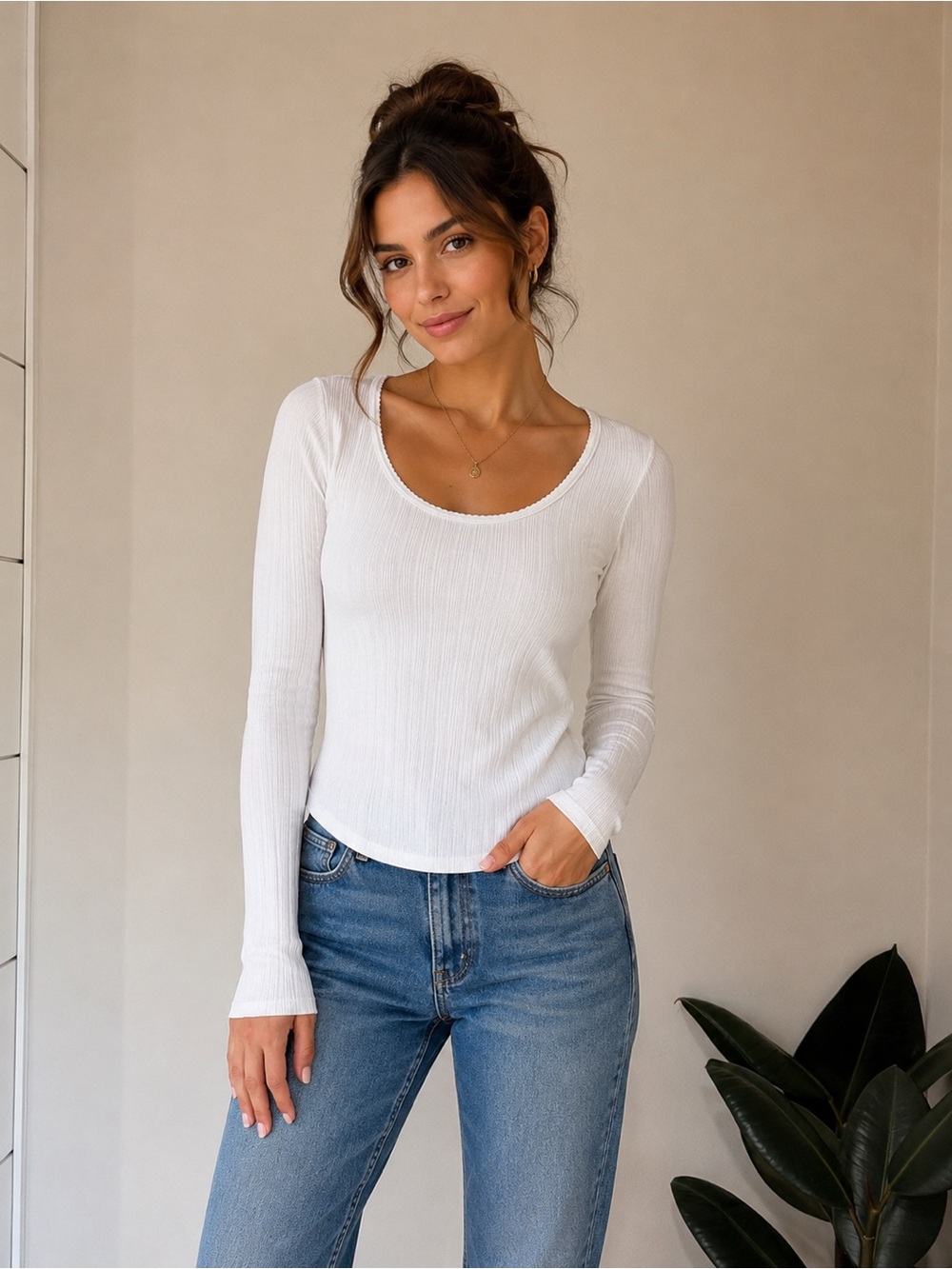 Madewell White Ribbed Scoop-Neck Long Sleeve Top